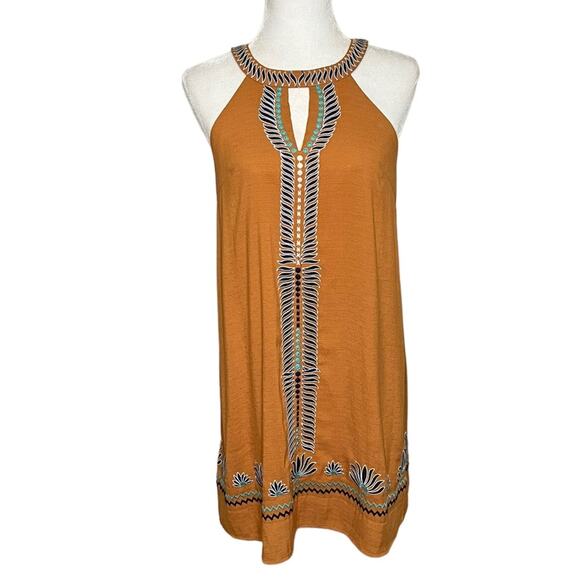 THML Mustard Halter Mini A-Line Dress with Embroidered Detail Size Small - Picture 1 of 11